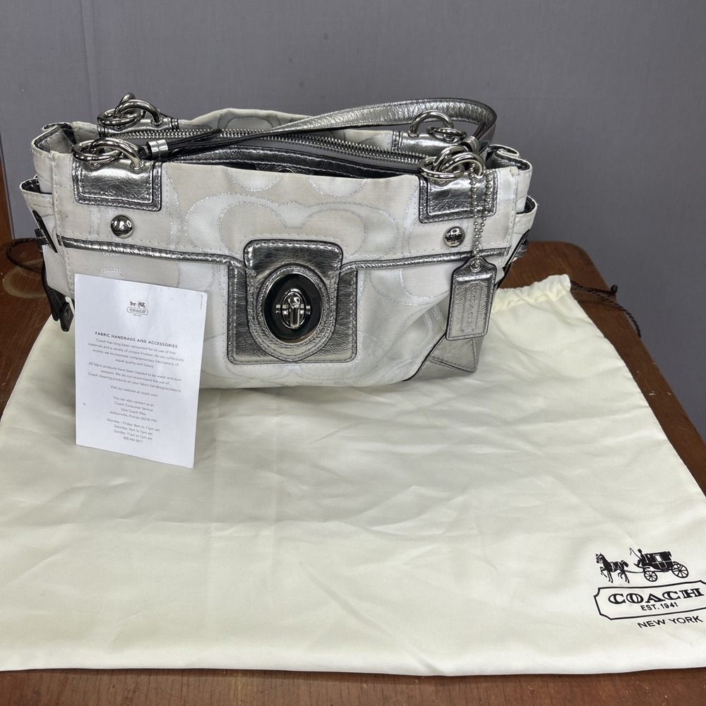 Coach Peyton Op Art Carryall 19760M Metallic Silver Signature Satchel Bag